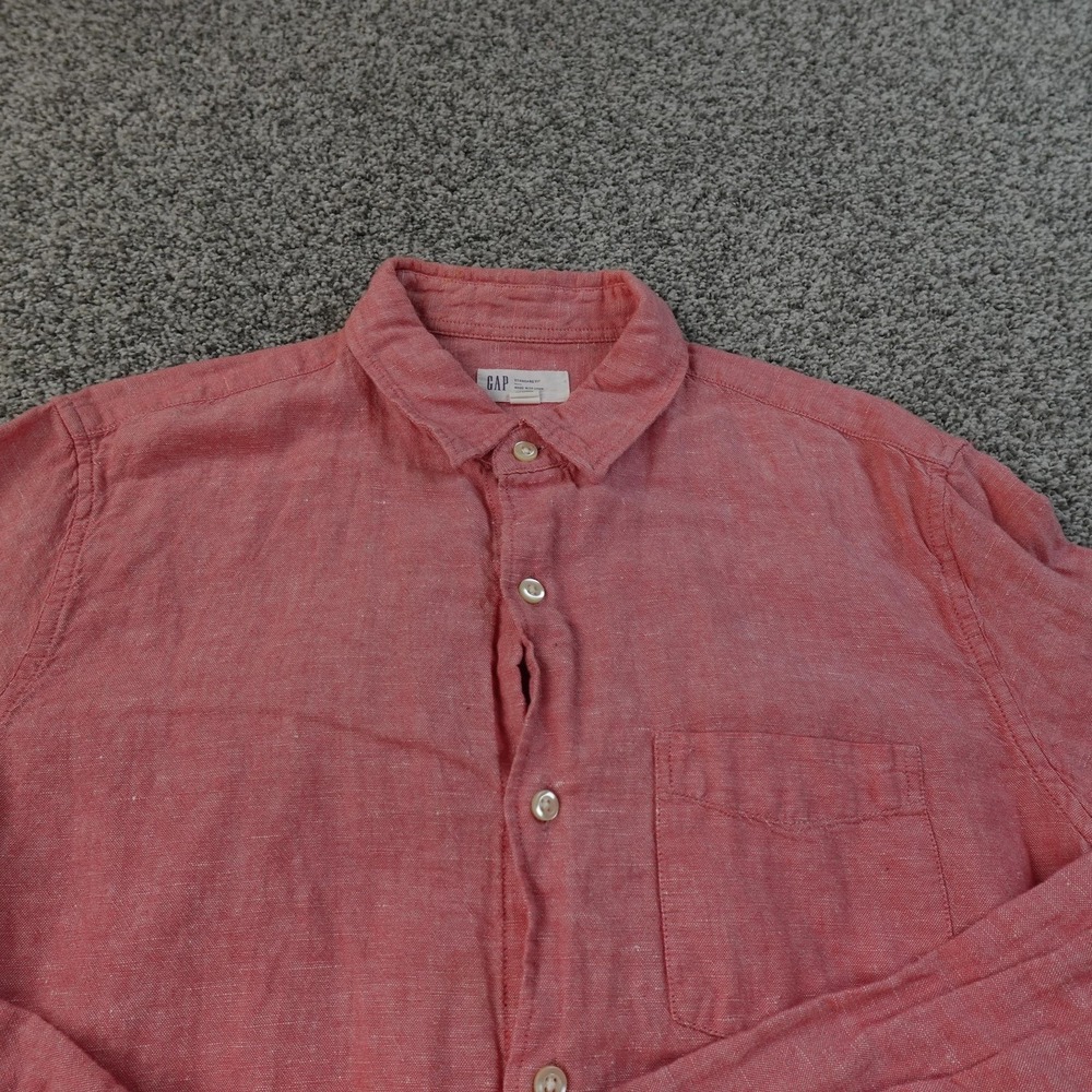 Gap Shirt Mens M Pink Linen Chambray Button Up Long Sleeve Casual Beach Summer - Picture 3 of 8